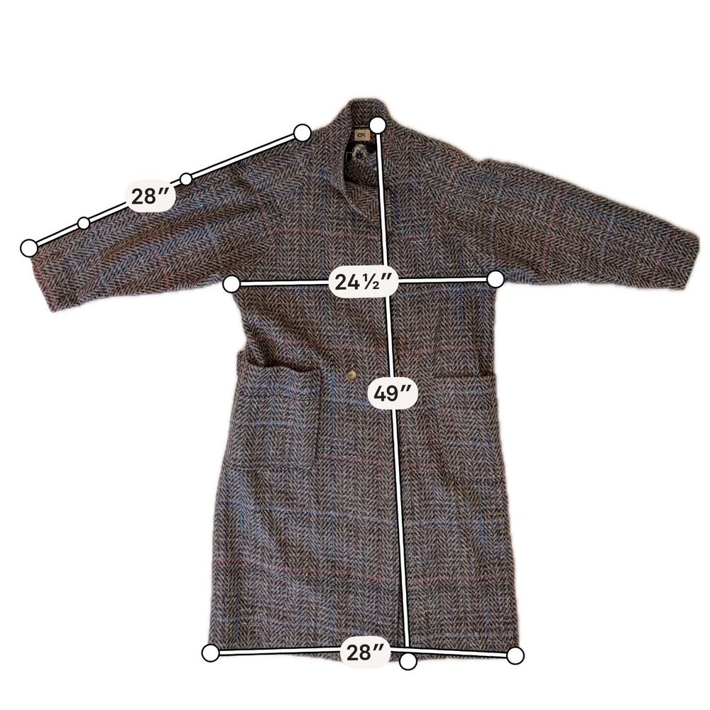 VTG 80s Pure New Wool Oversize Tweed Trench Coat Multi Herringbone Windowpane 16 - Picture 8 of 9